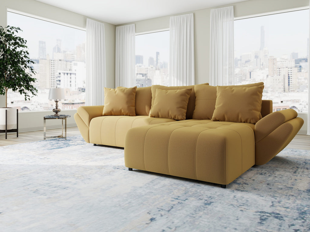 Colțar extensibil dumonde cu ladă de depozitare si sezut confortabil din spuma high-density, Berlin Royal Galben Mustar 280x185 cm II