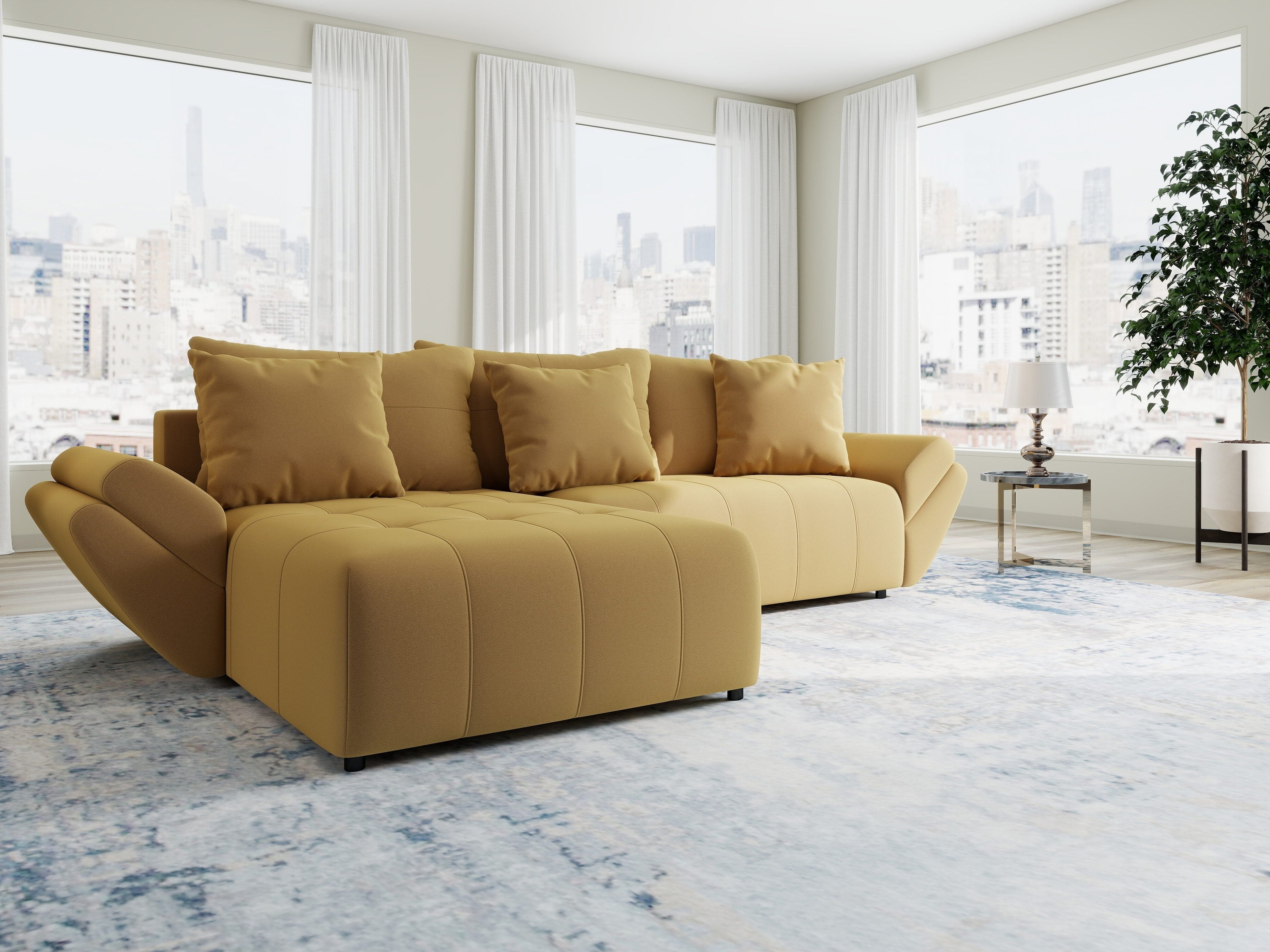 Colțar extensibil dumonde cu ladă de depozitare si sezut confortabil din spuma high-density, Berlin Royal Galben Mustar 280x185 cm