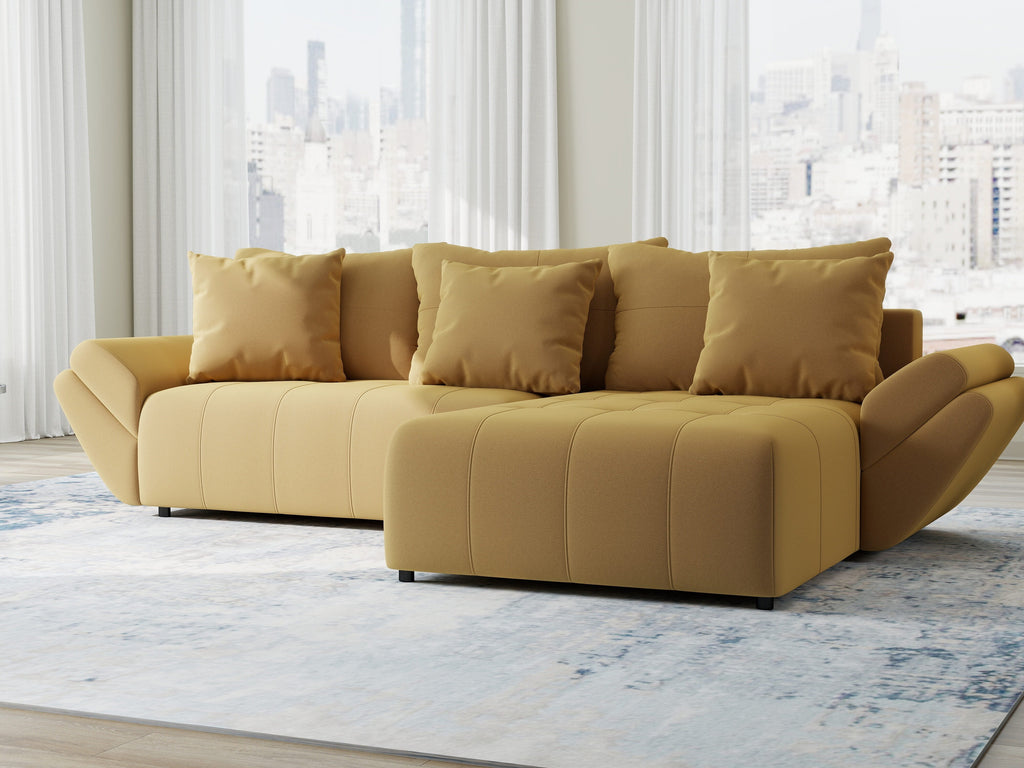 Colțar extensibil dumonde cu ladă de depozitare si sezut confortabil din spuma high-density, Berlin Royal Galben Mustar 280x185 cm II