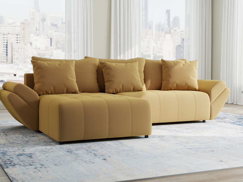 Colțar extensibil dumonde cu ladă de depozitare si sezut confortabil din spuma high-density, Berlin Royal Galben Mustar 280x185 cm