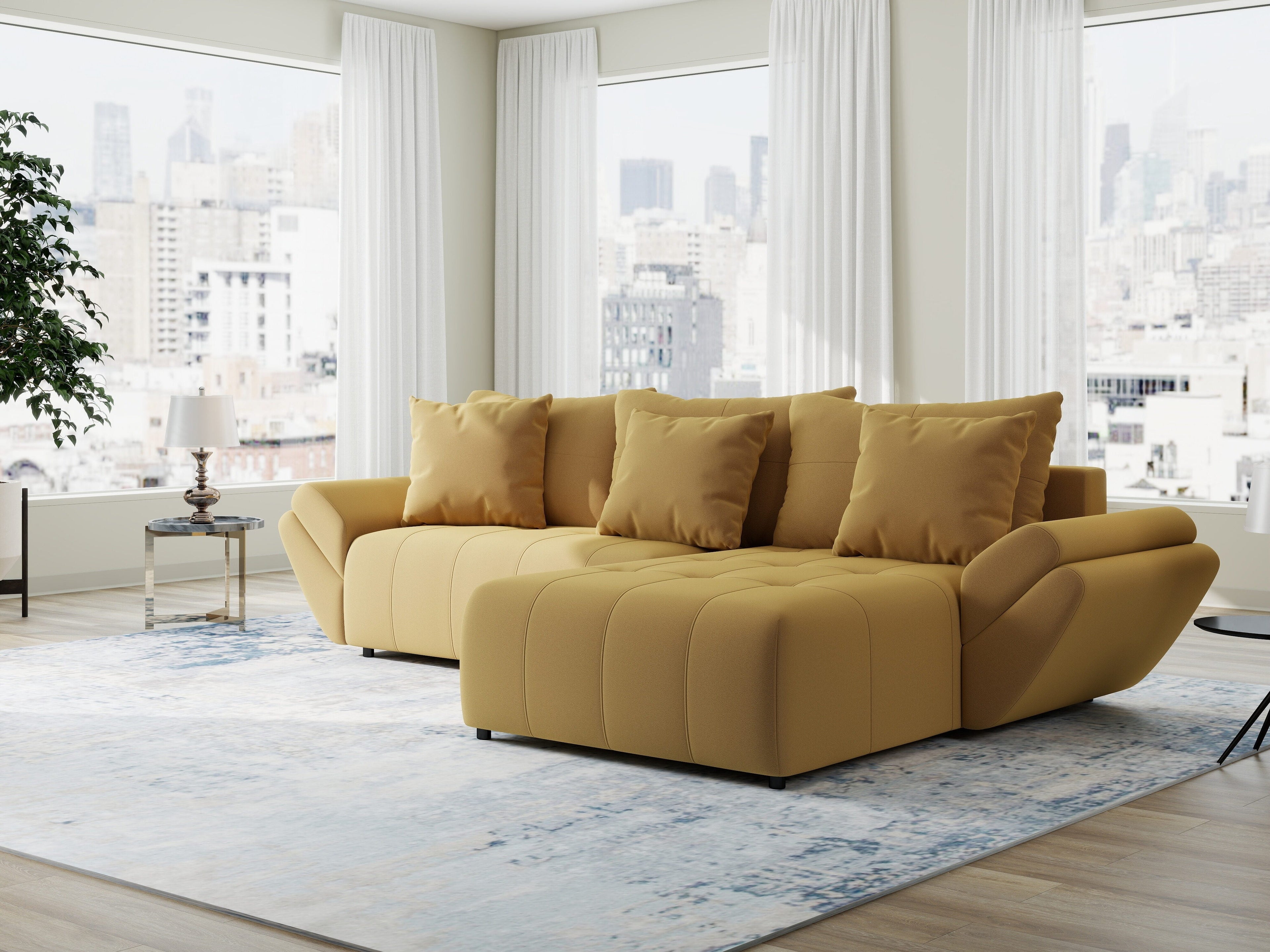Colțar extensibil dumonde cu ladă de depozitare si sezut confortabil din spuma high-density, Berlin Royal Galben Mustar 280x185 cm II