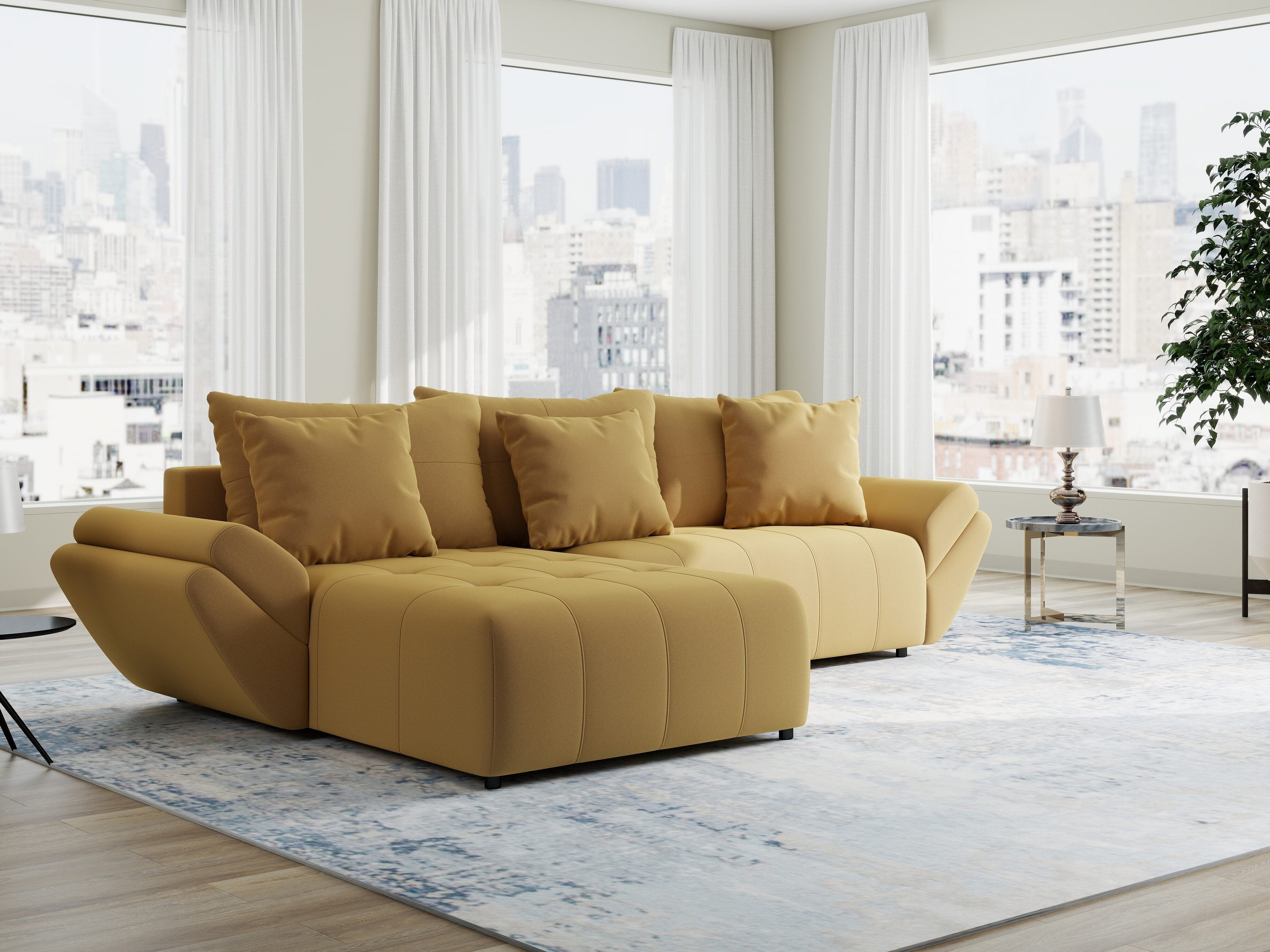 Colțar extensibil dumonde cu ladă de depozitare si sezut confortabil din spuma high-density, Berlin Royal Galben Mustar 280x185 cm