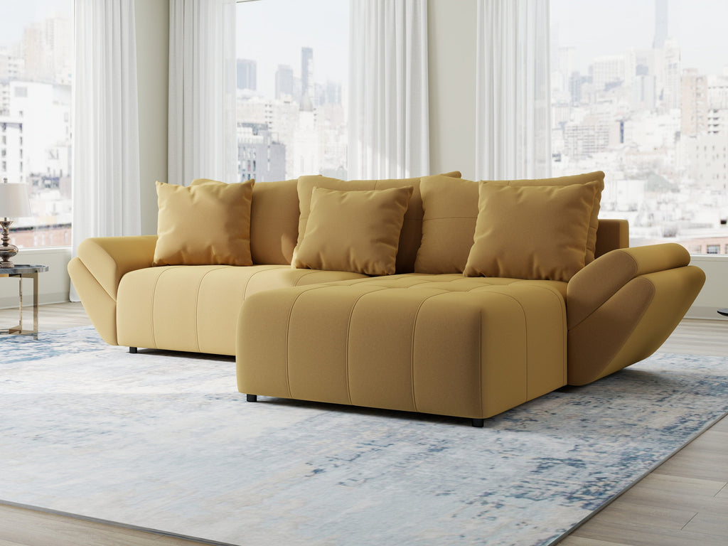 Colțar extensibil dumonde cu ladă de depozitare si sezut confortabil din spuma high-density, Berlin Royal Galben Mustar 280x185 cm II