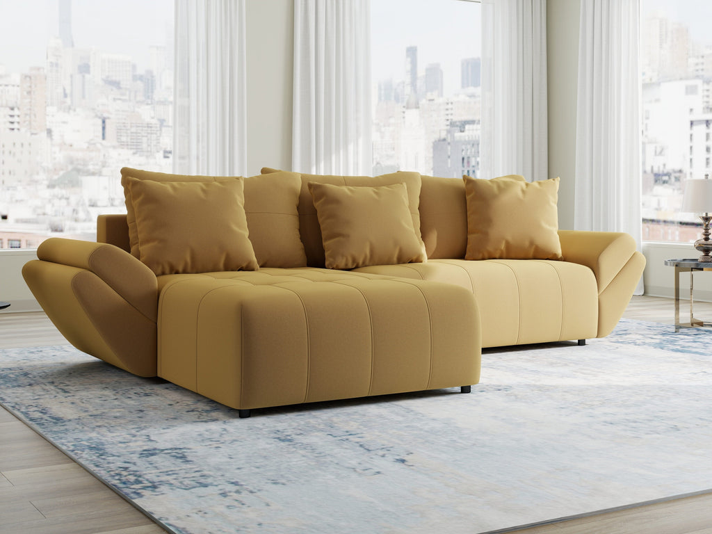 Colțar extensibil dumonde cu ladă de depozitare si sezut confortabil din spuma high-density, Berlin Royal Galben Mustar 280x185 cm