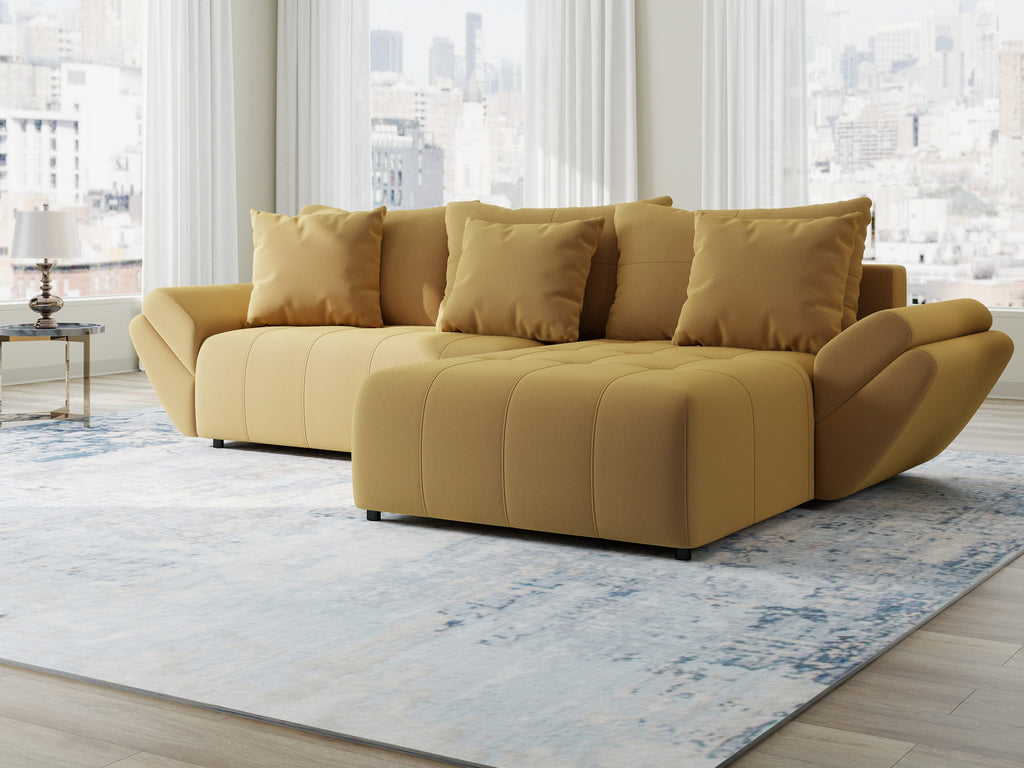 Colțar extensibil dumonde cu ladă de depozitare si sezut confortabil din spuma high-density, Berlin Royal Galben Mustar 280x185 cm II
