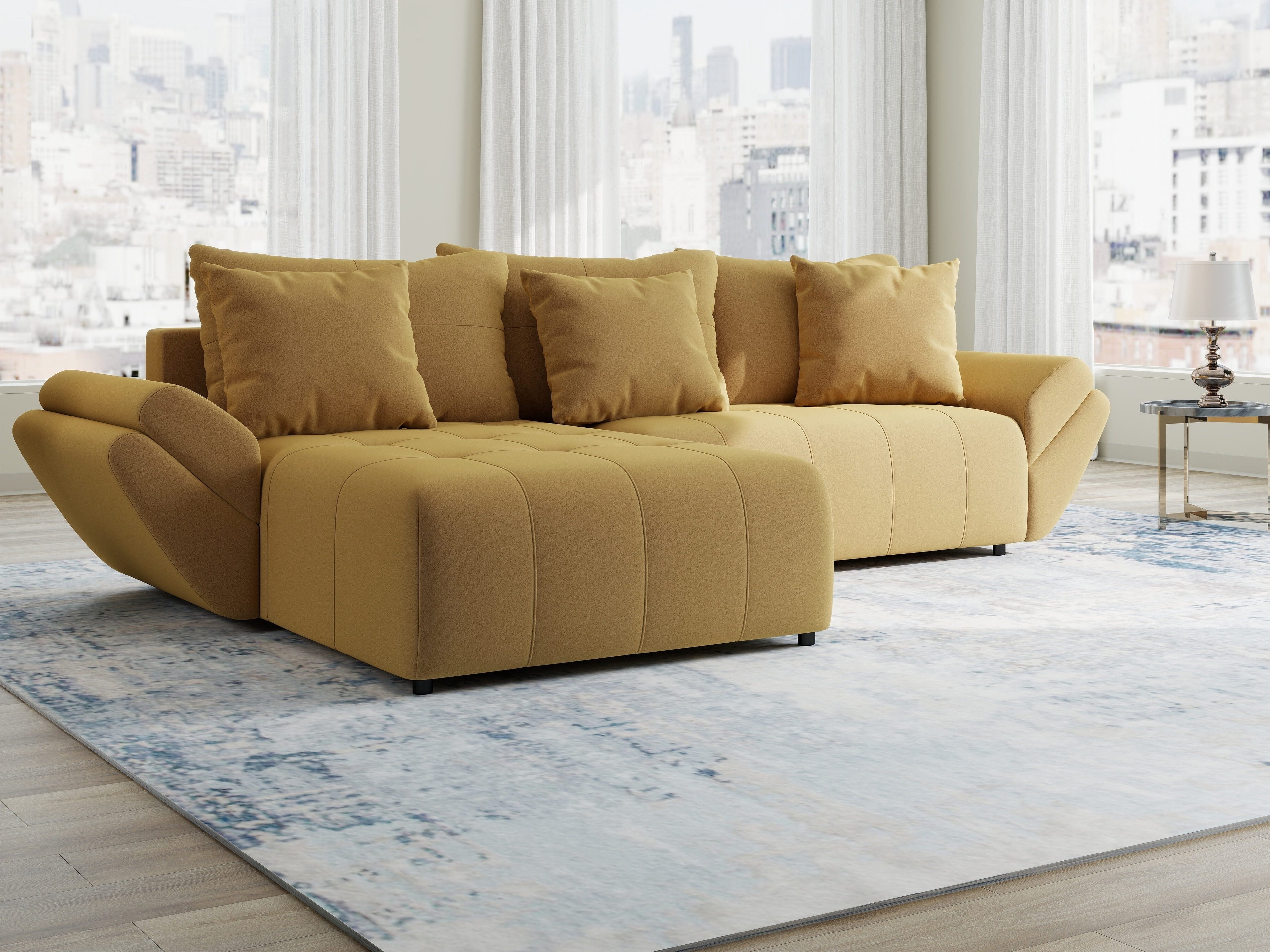 Colțar extensibil dumonde cu ladă de depozitare si sezut confortabil din spuma high-density, Berlin Royal Galben Mustar 280x185 cm
