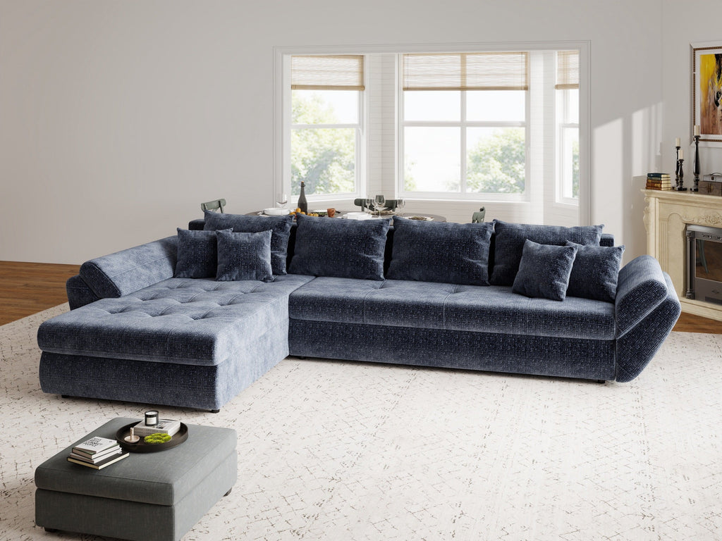 Colțar extensibil dumonde cu ladă de depozitare si sezut confortabil din spuma high-density, Loana XL Cremona Albastru 335x185 cm