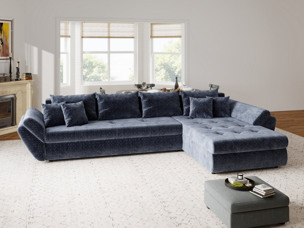 Colțar extensibil dumonde cu ladă de depozitare si sezut confortabil din spuma high-density, Loana XL Cremona Albastru II 335x185 cm