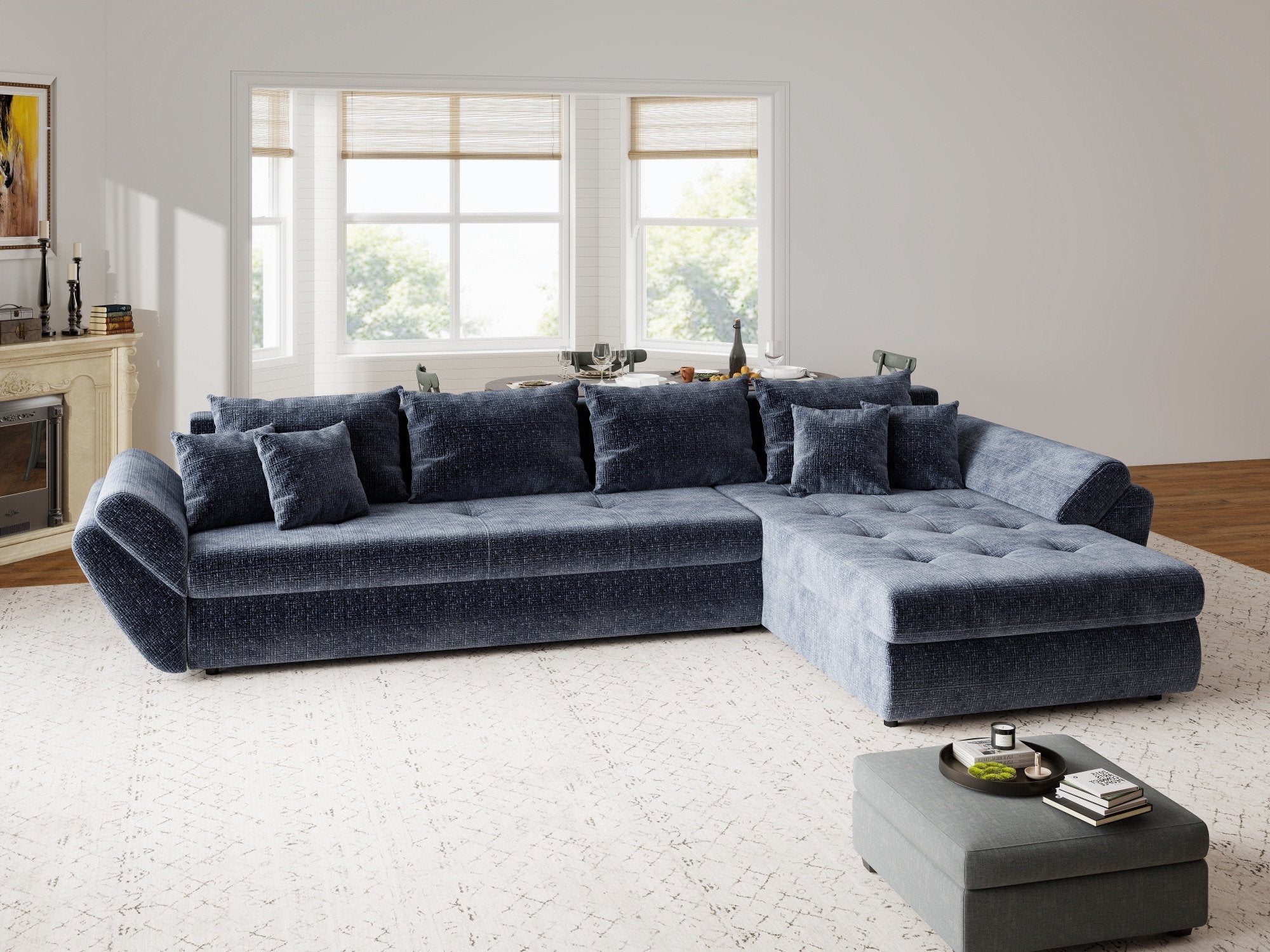 Colțar extensibil dumonde cu ladă de depozitare si sezut confortabil din spuma high-density, Loana XL Cremona Albastru II 335x185 cm