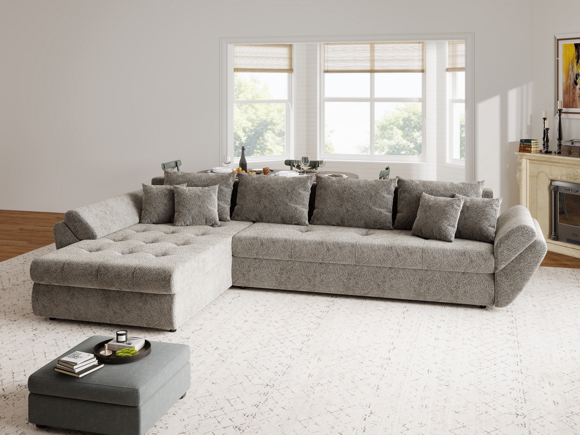 Colțar extensibil dumonde cu ladă de depozitare si sezut confortabil din spuma high-density, Loana XL Arena Taupe 335x185 cm