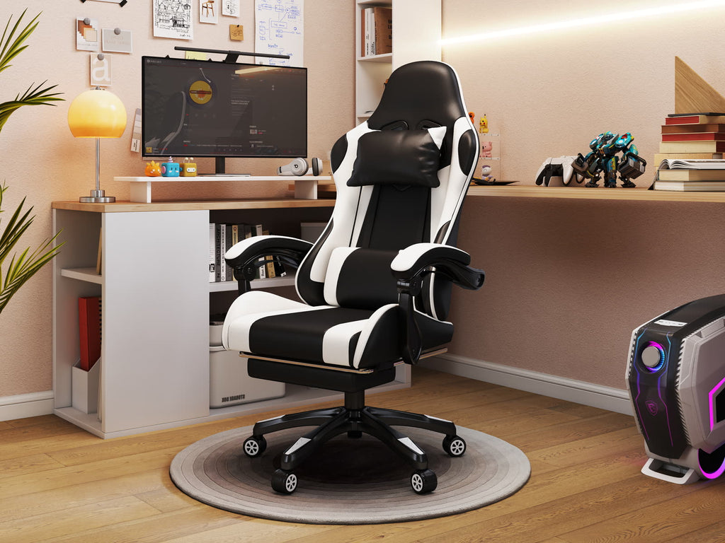 Scaun gaming Dumonde VIPER, mecanism multifuncțional, ecopiele, suport picioare, alb/negru