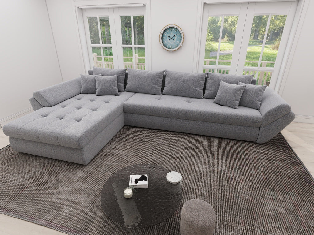 Colțar extensibil dumonde cu ladă de depozitare si sezut confortabil din spuma high-density, Loana XL Monte Gri 84 335x185 cm
