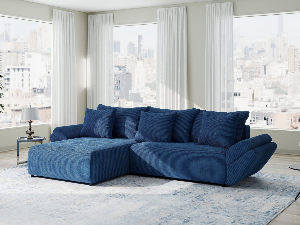 Colțar extensibil dumonde cu ladă de depozitare si sezut confortabil din spuma high-density, Berlin Zoom Albastru 280x185 cm