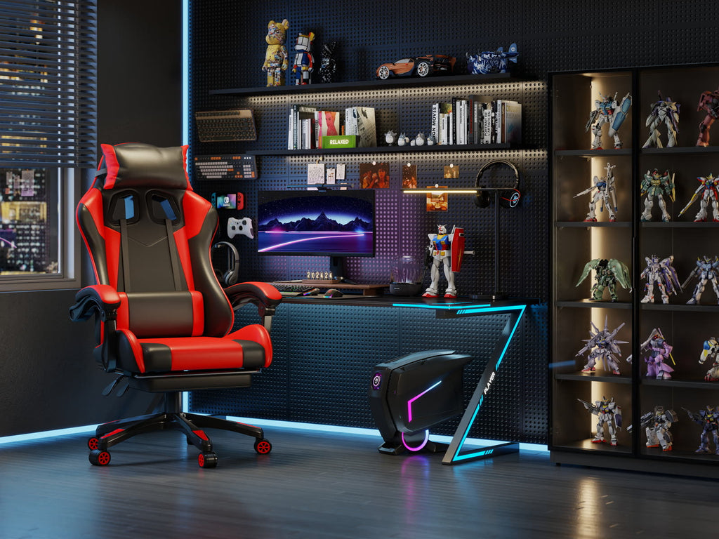Scaun gaming Dumonde KRAKEN, mecanism multifuncțional, ecopiele, suport picioare, rosu/negru