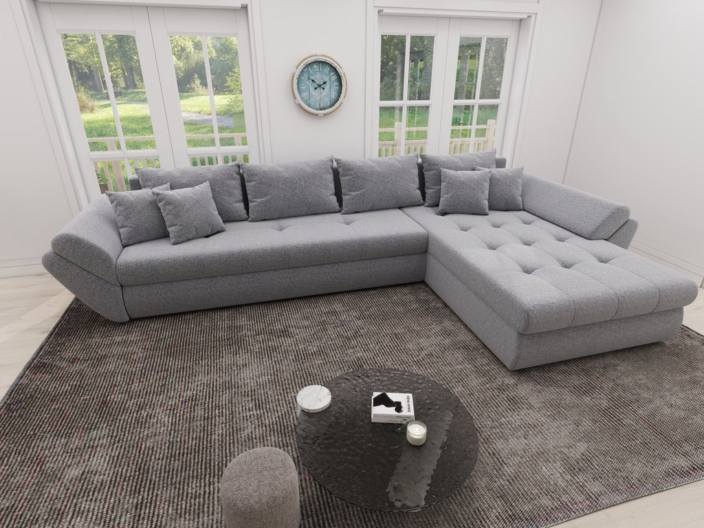 Colțar extensibil dumonde cu ladă de depozitare si sezut confortabil din spuma high-density, Loana XL Monte Gri 84 II 335x185 cm