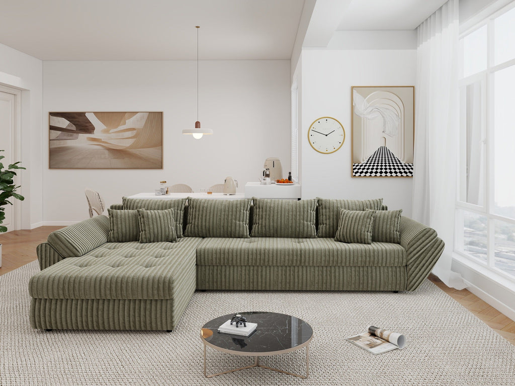 Colțar extensibil dumonde cu ladă de depozitare si sezut confortabil din spuma high-density, Loana XL Tilia Verde Olive 335x185 cm