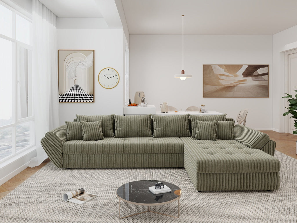 Colțar extensibil dumonde cu ladă de depozitare si sezut confortabil din spuma high-density, Loana XL Tilia Verde Olive II 335x185 cm