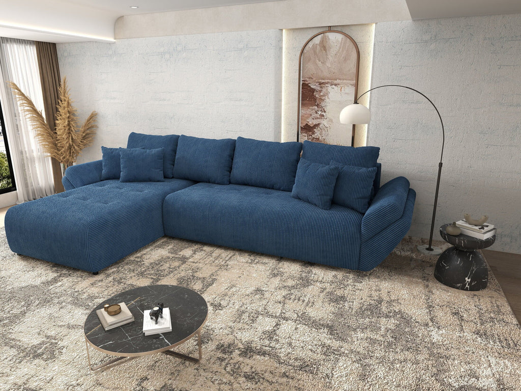 Colțar extensibil dumonde cu ladă de depozitare si sezut confortabil din spuma high-density, Berlin XL Zoom Blue 350x185 cm