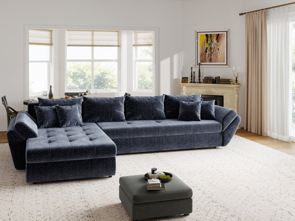 Colțar extensibil dumonde cu ladă de depozitare si sezut confortabil din spuma high-density, Loana XL Cremona Albastru 335x185 cm