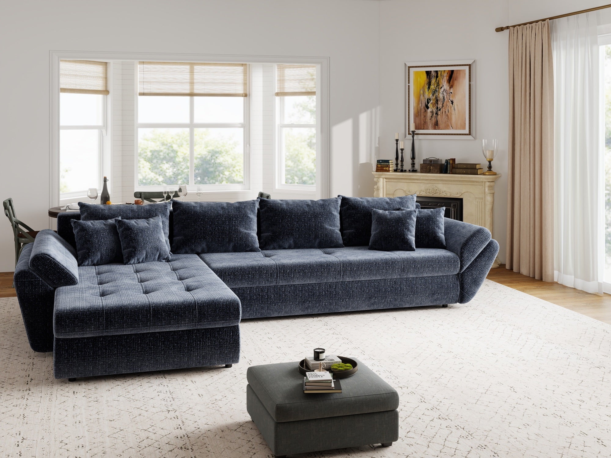 Colțar extensibil dumonde cu ladă de depozitare si sezut confortabil din spuma high-density, Loana XL Cremona Albastru 335x185 cm