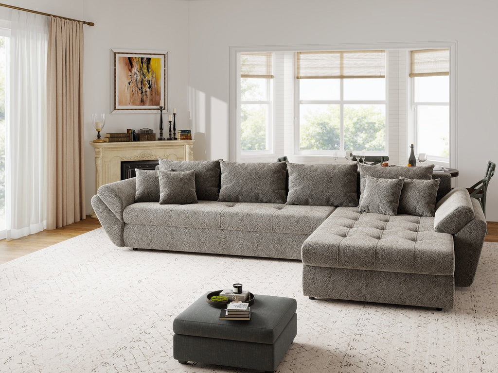Colțar extensibil dumonde cu ladă de depozitare si sezut confortabil din spuma high-density, Loana XL Arena Taupe II 335x185 cm