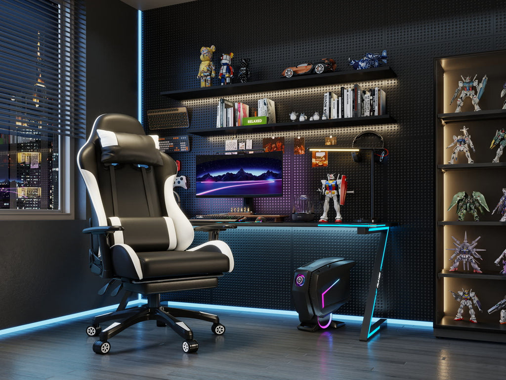 Scaun gaming Dumonde RAVEN X, mecanism multifuncțional, ecopiele, suport picioare, negru