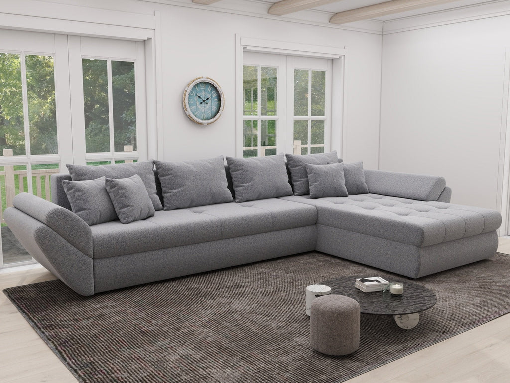 Colțar extensibil dumonde cu ladă de depozitare si sezut confortabil din spuma high-density, Loana XL Monte Gri 84 II 335x185 cm