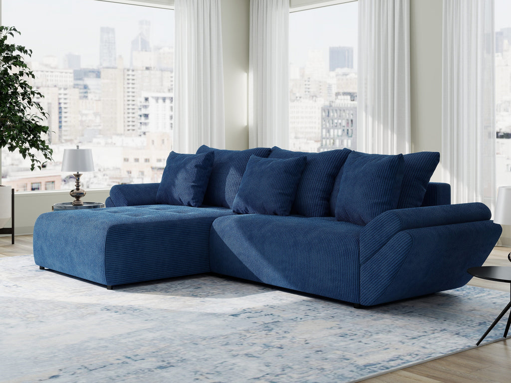 Colțar extensibil dumonde cu ladă de depozitare si sezut confortabil din spuma high-density, Berlin Zoom Albastru 280x185 cm