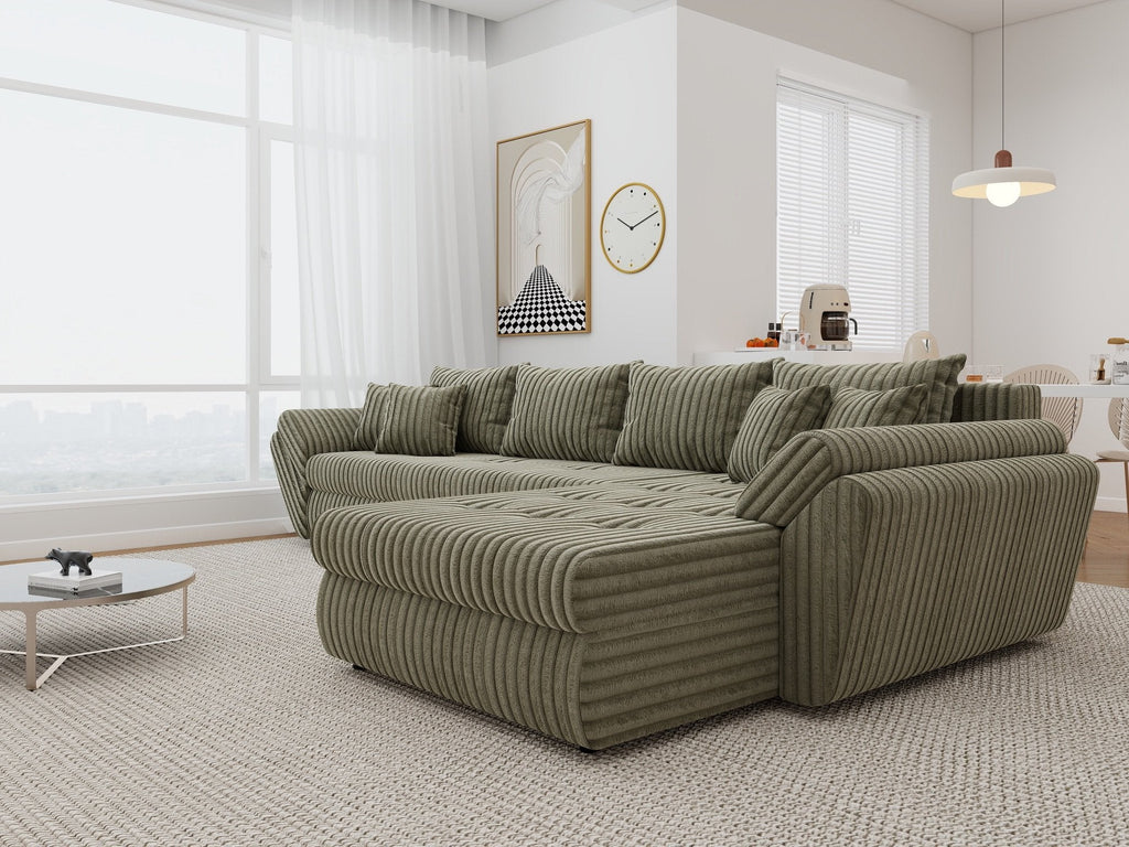 Colțar extensibil dumonde cu ladă de depozitare si sezut confortabil din spuma high-density, Loana XL Tilia Verde Olive II 335x185 cm