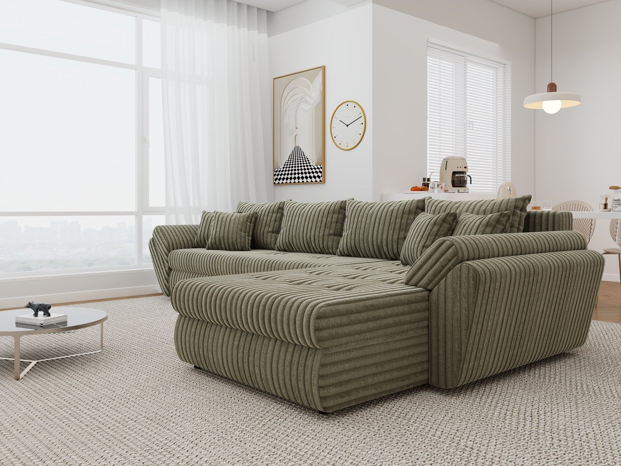 Colțar extensibil dumonde cu ladă de depozitare si sezut confortabil din spuma high-density, Loana XL Tilia Verde Olive II 335x185 cm