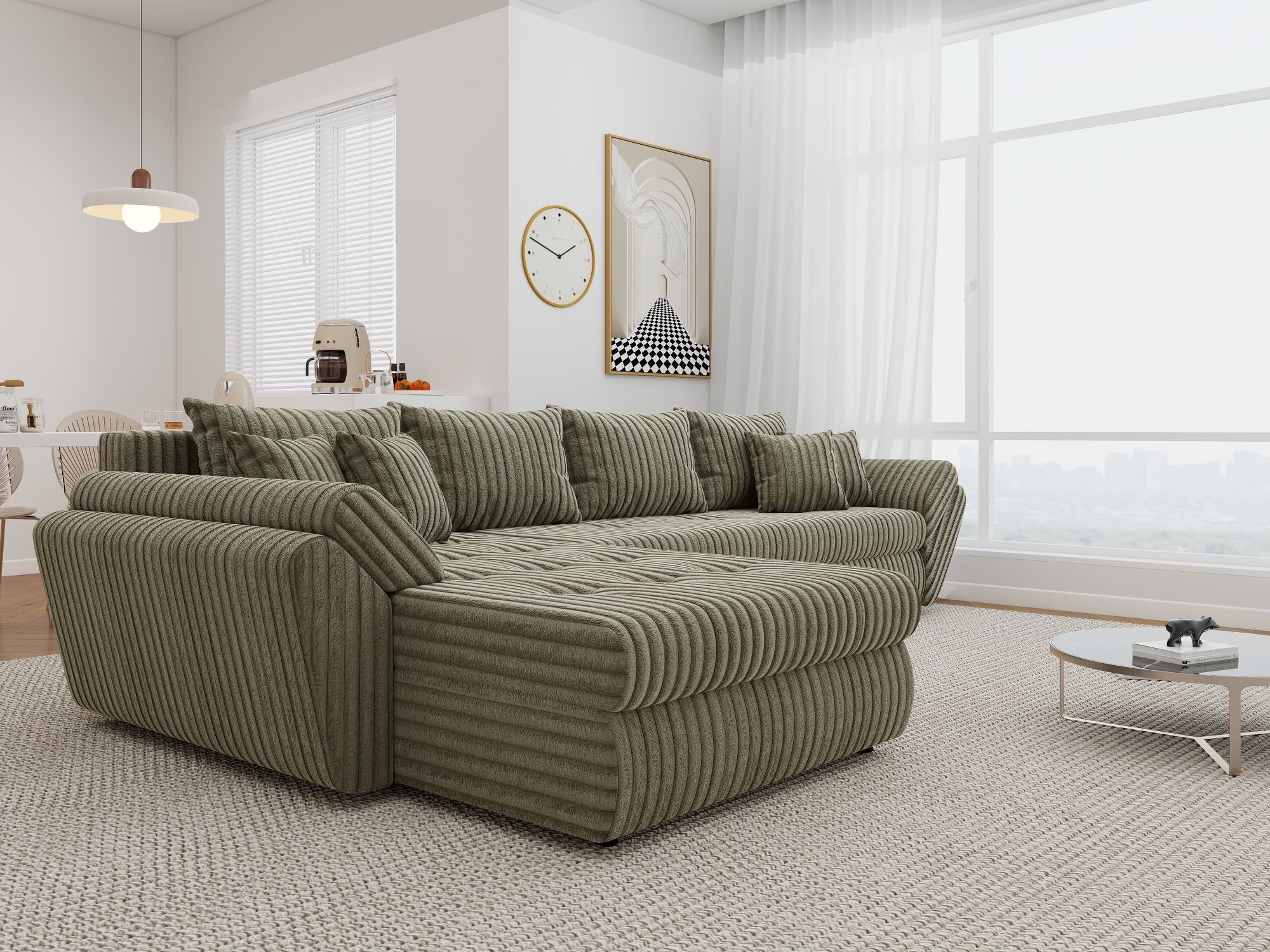 Colțar extensibil dumonde cu ladă de depozitare si sezut confortabil din spuma high-density, Loana XL Tilia Verde Olive 335x185 cm