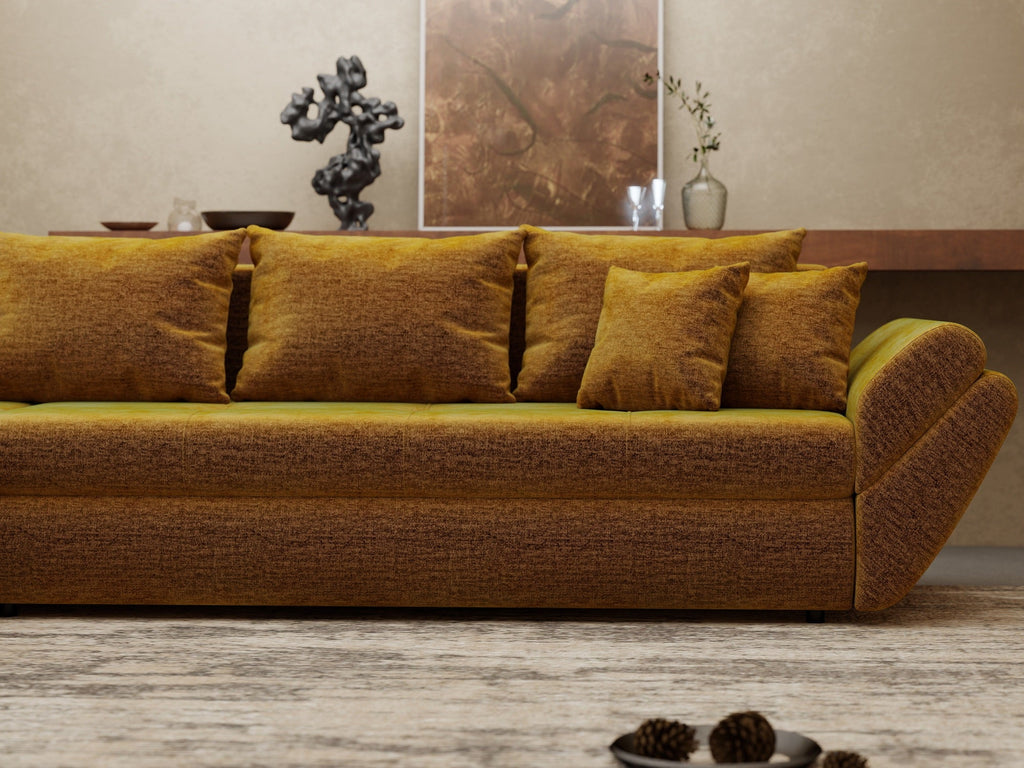 Colțar extensibil dumonde cu ladă de depozitare si sezut confortabil din spuma high-density, Loana XL Monolith Mustar 335x185 cm
