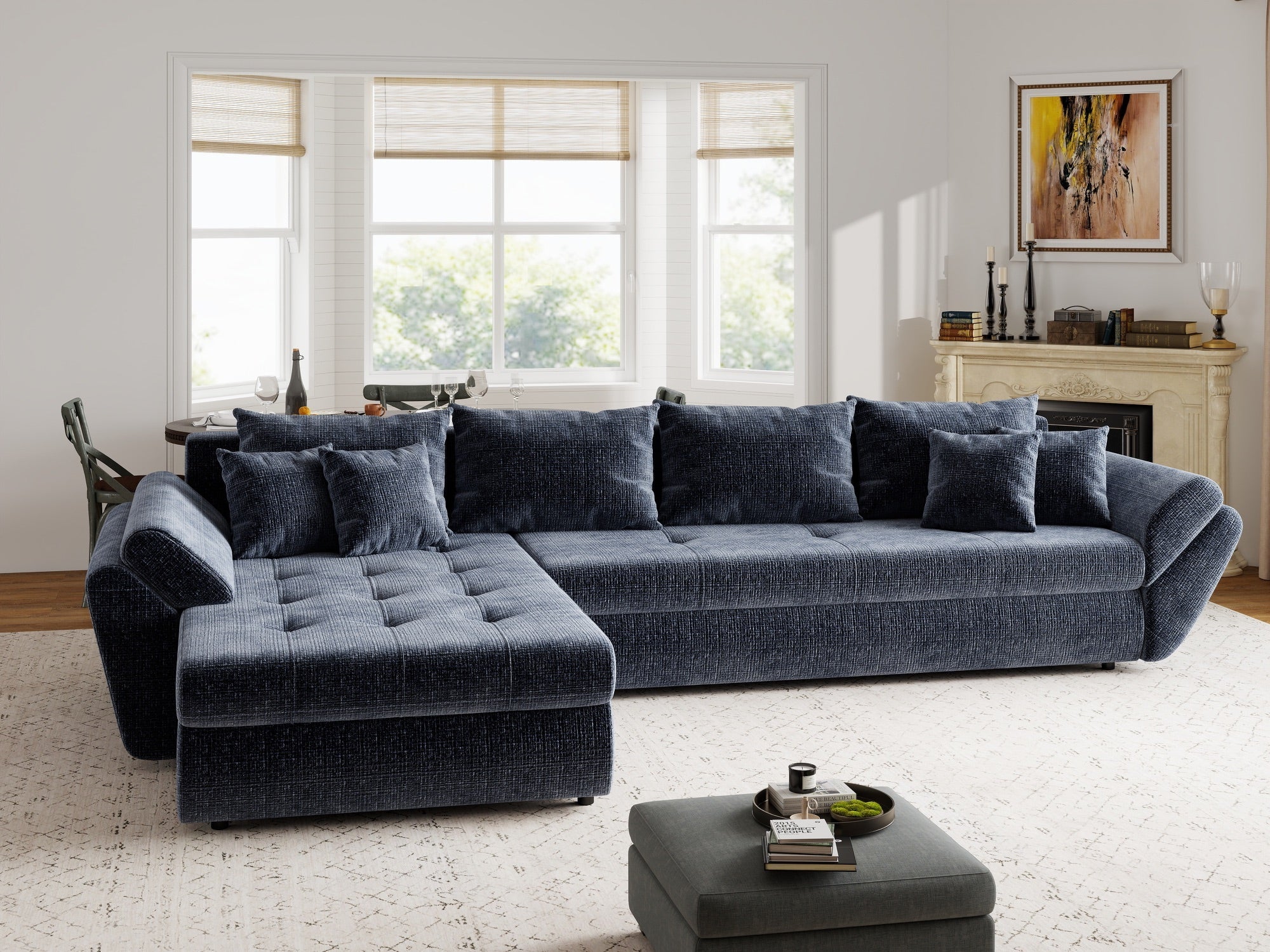 Colțar extensibil dumonde cu ladă de depozitare si sezut confortabil din spuma high-density, Loana XL Cremona Albastru 335x185 cm