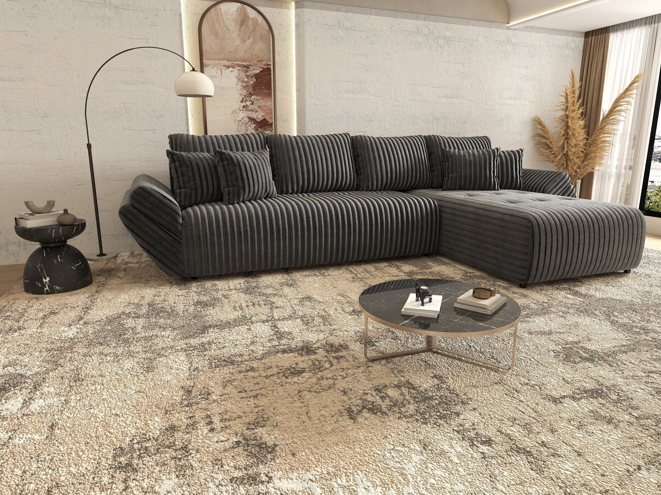 Colțar extensibil dumonde cu ladă de depozitare si sezut confortabil din spuma high-density, Berlin XL Ambience Grey II 350x185 cm