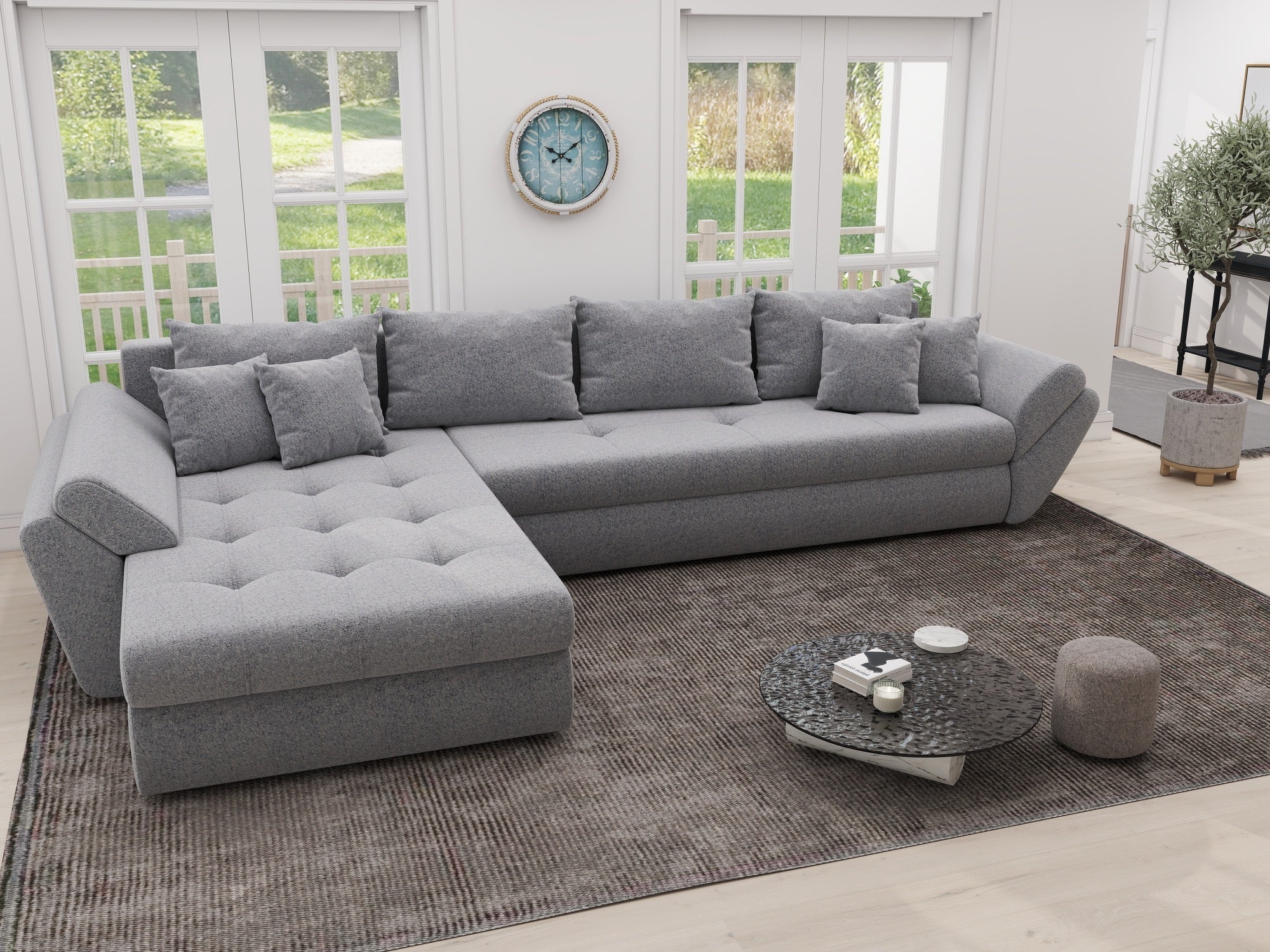 Colțar extensibil dumonde cu ladă de depozitare si sezut confortabil din spuma high-density, Loana XL Monte Gri 84 335x185 cm
