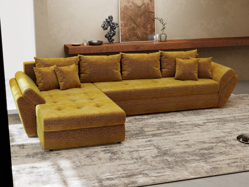 Colțar extensibil dumonde cu ladă de depozitare si sezut confortabil din spuma high-density, Loana XL Monolith Mustar 335x185 cm