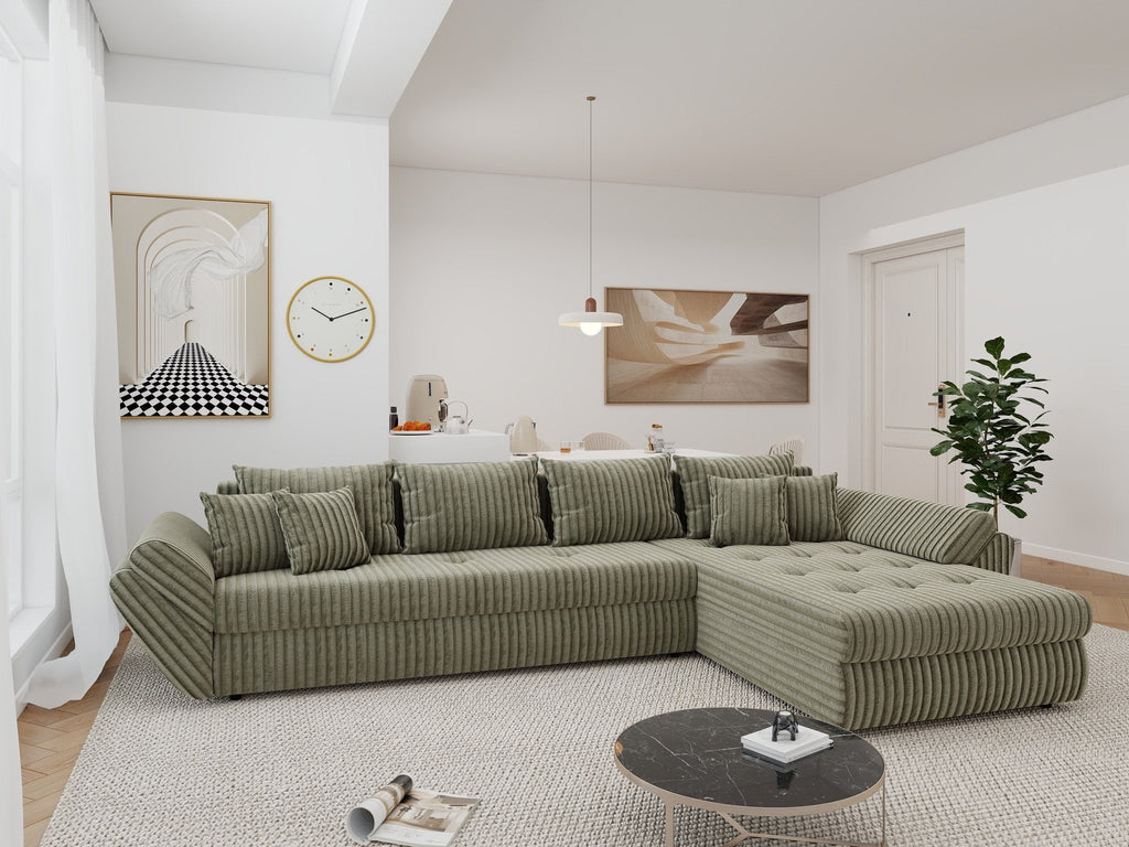 Colțar extensibil dumonde cu ladă de depozitare si sezut confortabil din spuma high-density, Loana XL Tilia Verde Olive II 335x185 cm