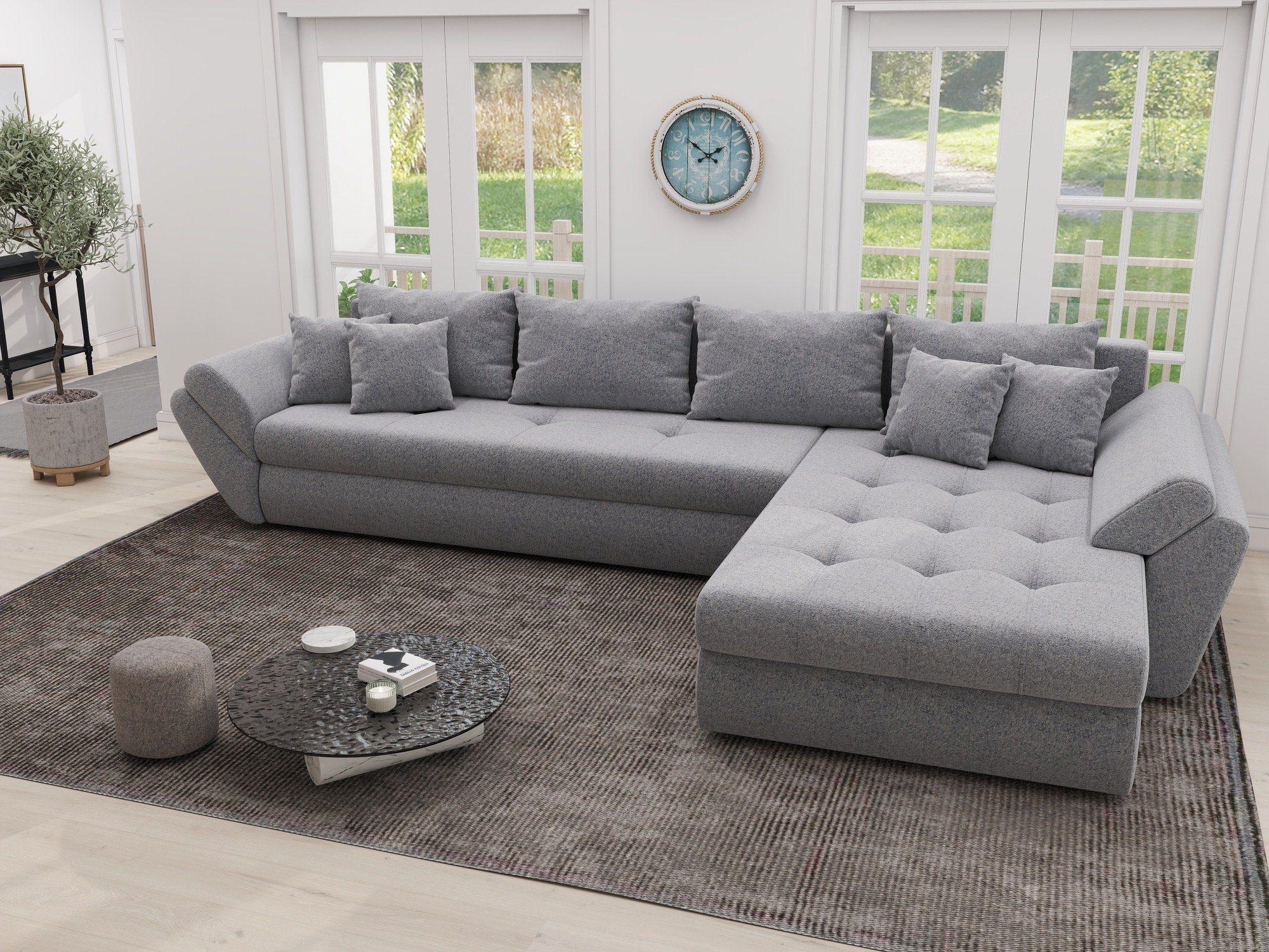 Colțar extensibil dumonde cu ladă de depozitare si sezut confortabil din spuma high-density, Loana XL Monte Gri 84 II 335x185 cm