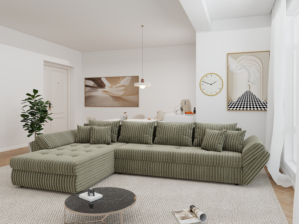 Colțar extensibil dumonde cu ladă de depozitare si sezut confortabil din spuma high-density, Loana XL Tilia Verde Olive 335x185 cm