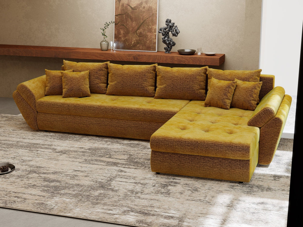 Colțar extensibil dumonde cu ladă de depozitare si sezut confortabil din spuma high-density, Loana XL Monolith Mustar II 335x185 cm