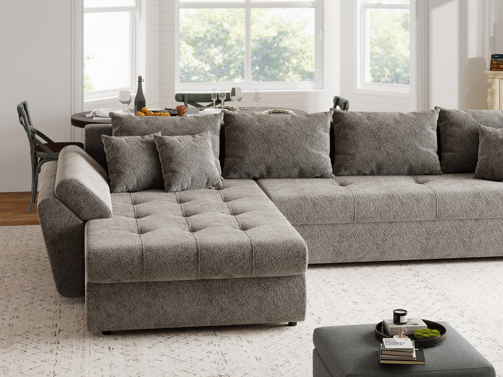 Colțar extensibil dumonde cu ladă de depozitare si sezut confortabil din spuma high-density, Loana XL Arena Taupe 335x185 cm