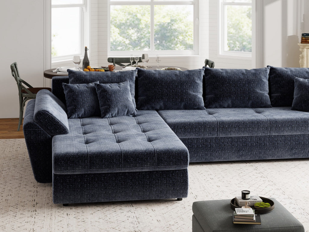 Colțar extensibil dumonde cu ladă de depozitare si sezut confortabil din spuma high-density, Loana XL Cremona Albastru 335x185 cm