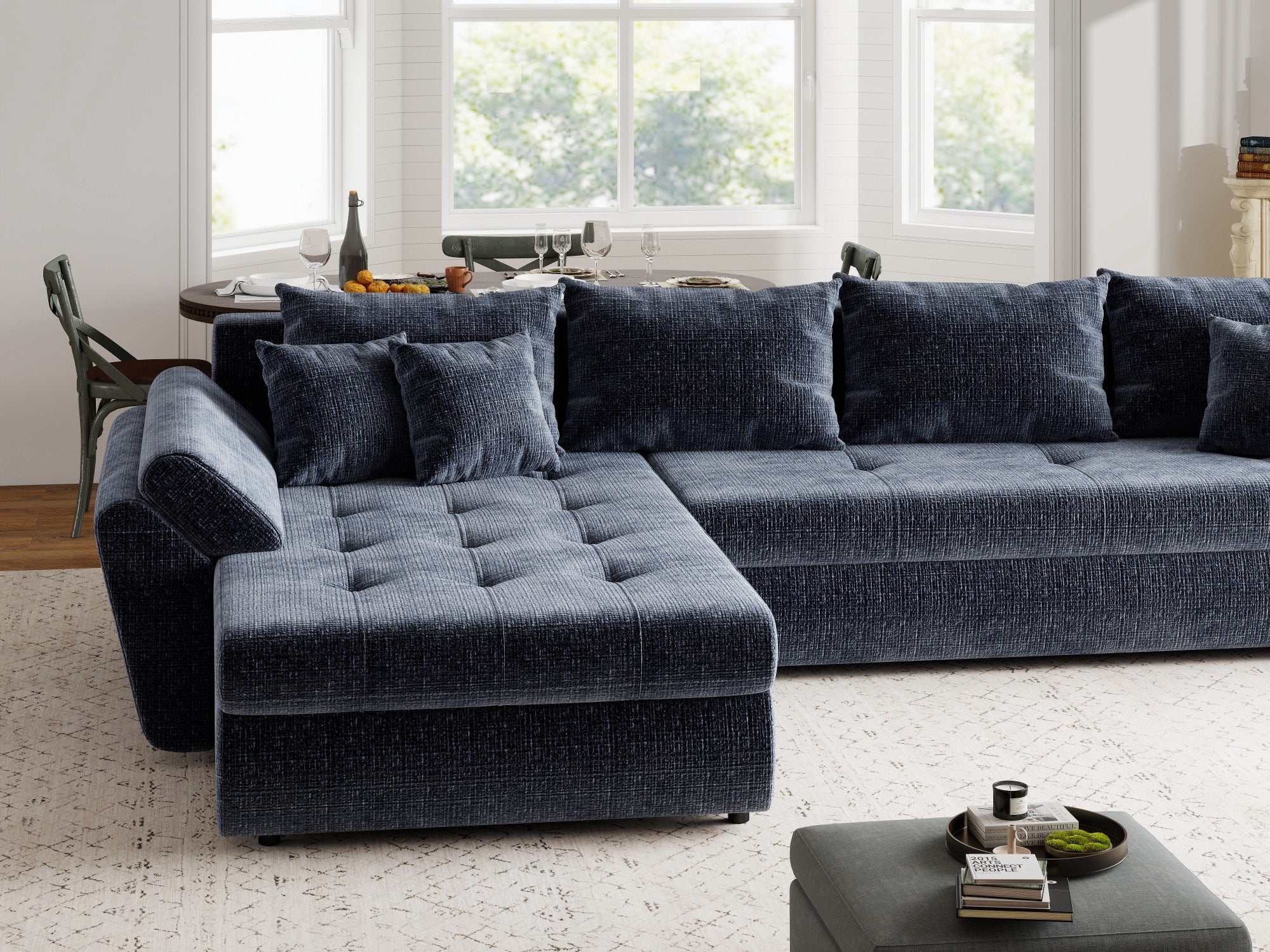 Colțar extensibil dumonde cu ladă de depozitare si sezut confortabil din spuma high-density, Loana XL Cremona Albastru 335x185 cm