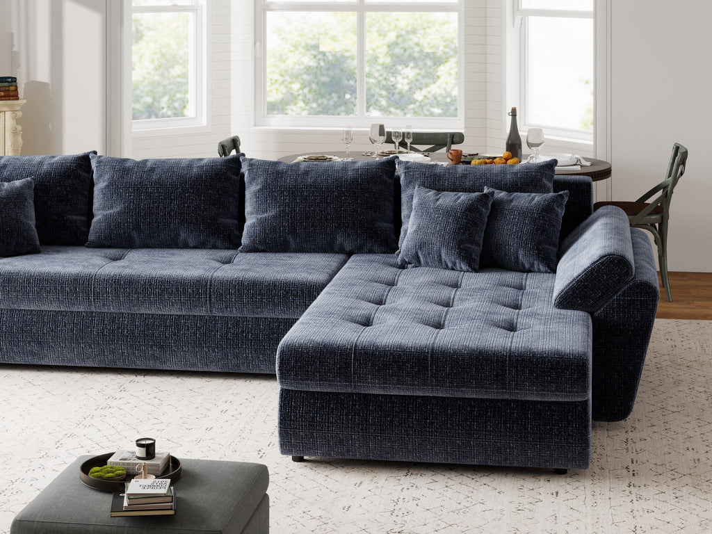 Colțar extensibil dumonde cu ladă de depozitare si sezut confortabil din spuma high-density, Loana XL Cremona Albastru II 335x185 cm