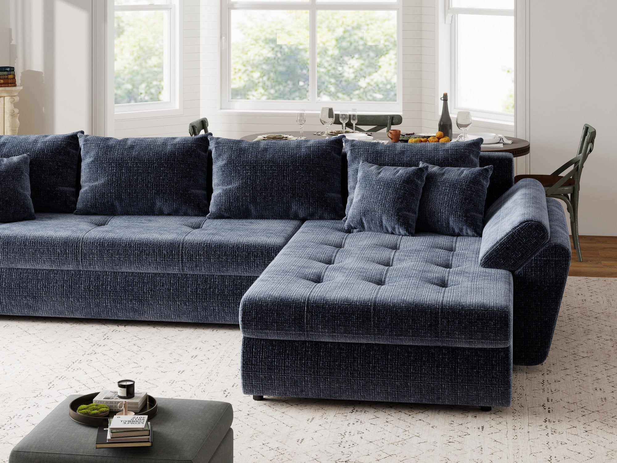 Colțar extensibil dumonde cu ladă de depozitare si sezut confortabil din spuma high-density, Loana XL Cremona Albastru II 335x185 cm