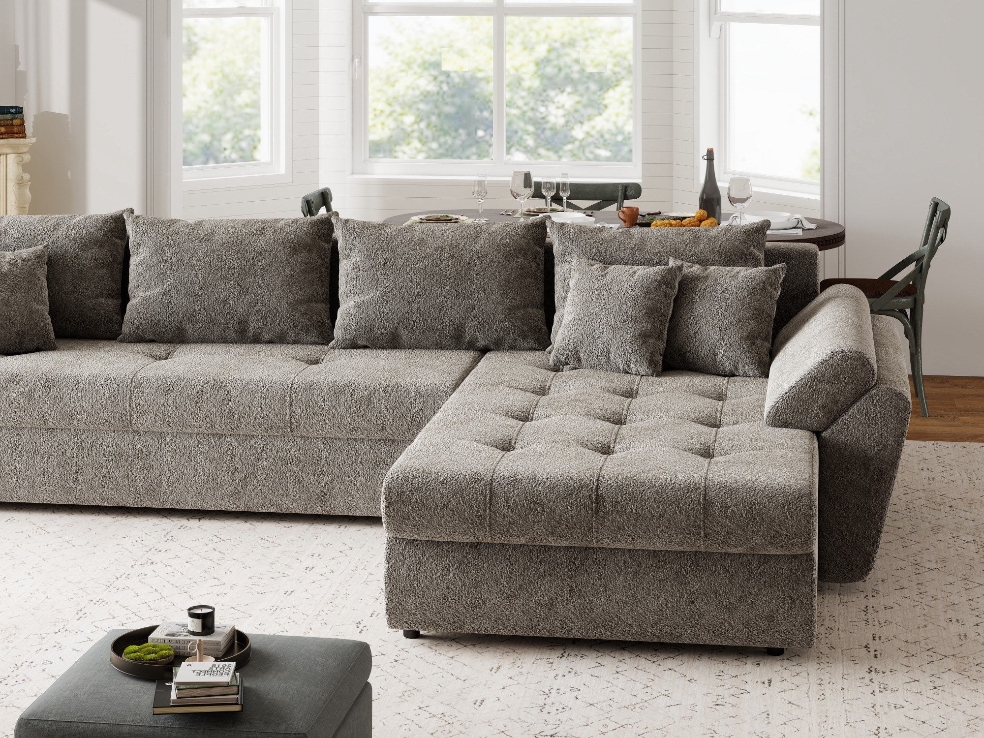 Colțar extensibil dumonde cu ladă de depozitare si sezut confortabil din spuma high-density, Loana XL Arena Taupe II 335x185 cm