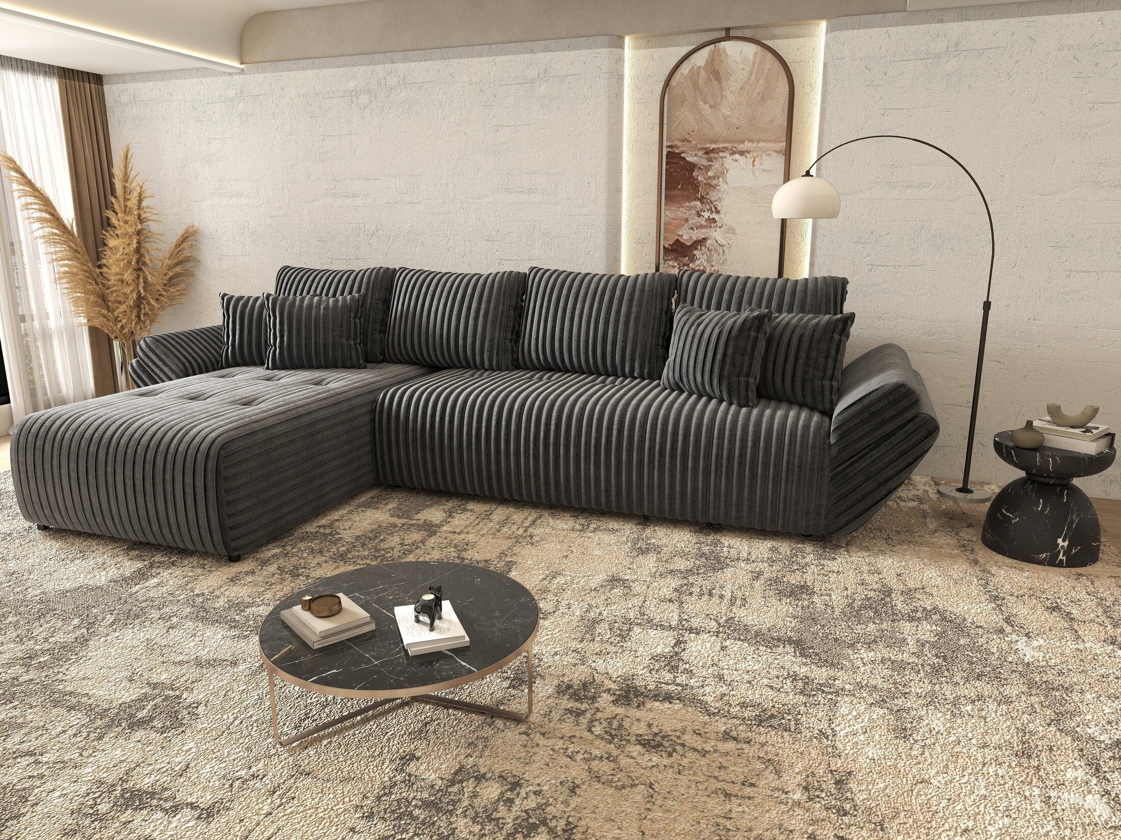 Colțar extensibil dumonde cu ladă de depozitare si sezut confortabil din spuma high-density, Berlin XL Ambience Grey 350x185 cm