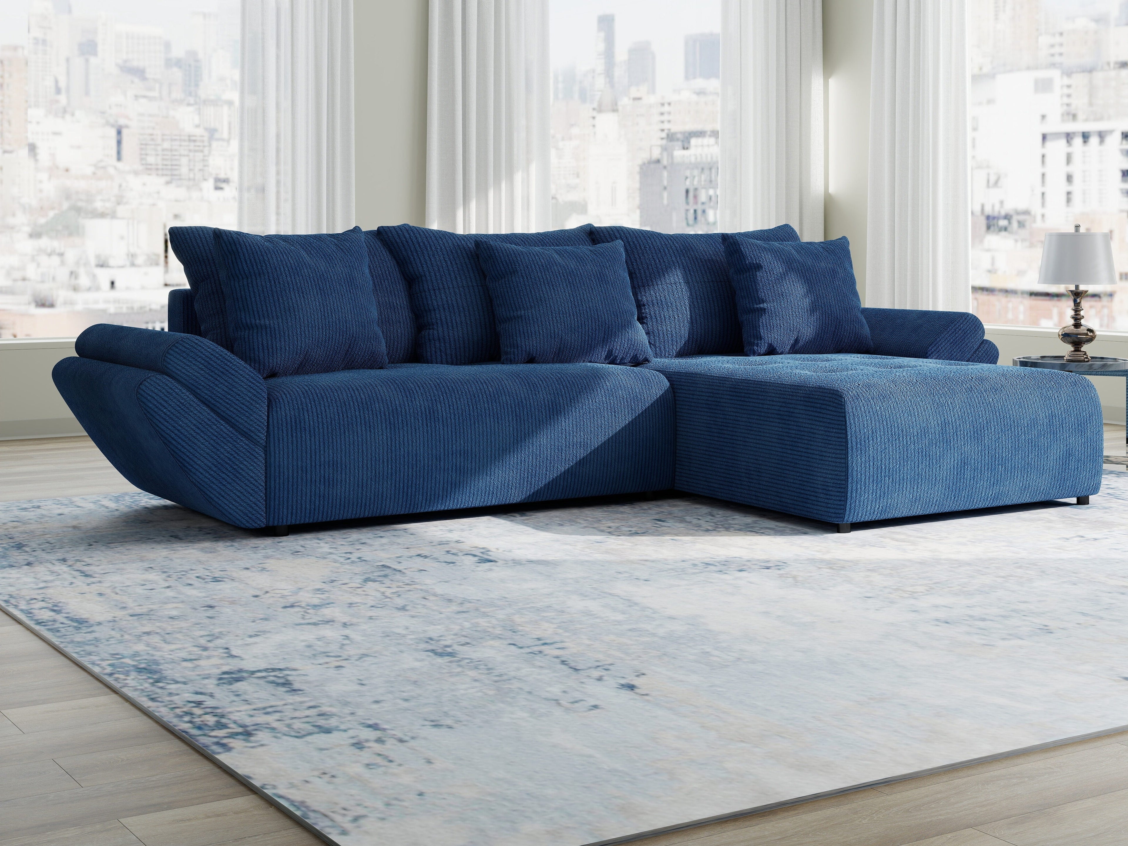 Colțar extensibil dumonde cu ladă de depozitare si sezut confortabil din spuma high-density, Berlin Zoom Albastru 280x185 cm II