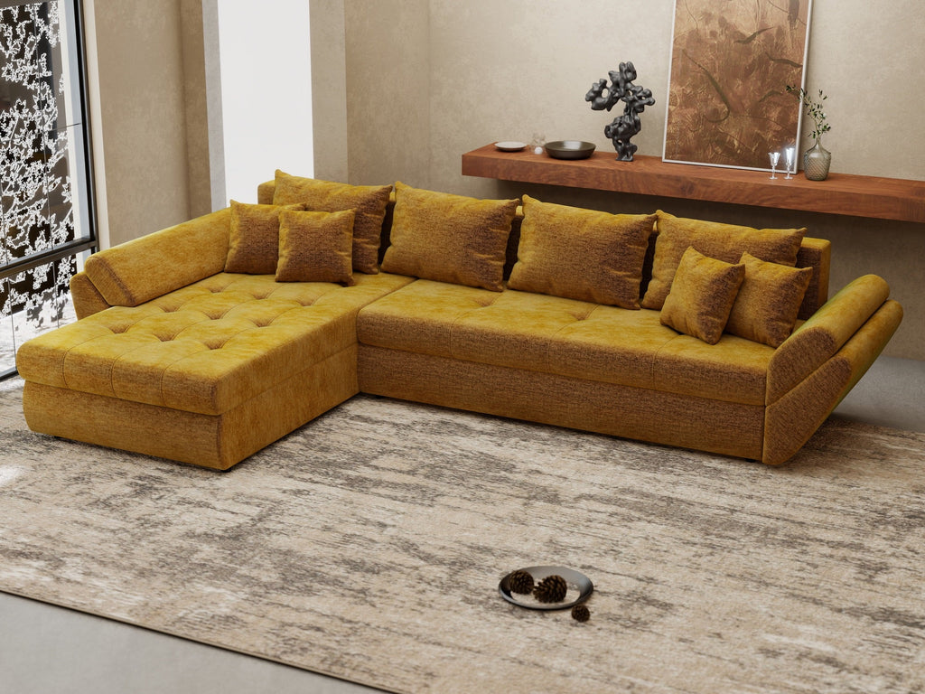 Colțar extensibil dumonde cu ladă de depozitare si sezut confortabil din spuma high-density, Loana XL Monolith Mustar 335x185 cm