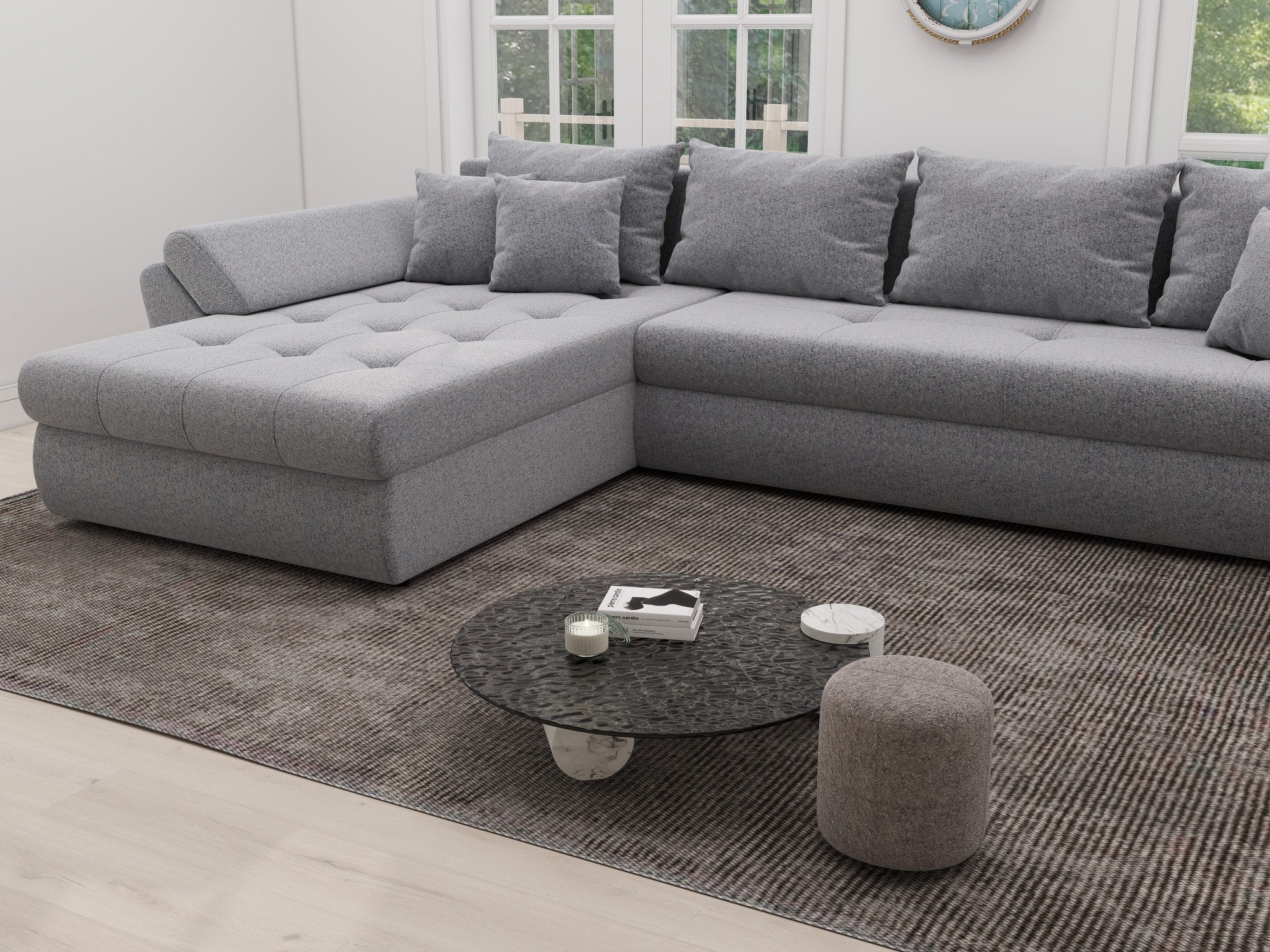 Colțar extensibil dumonde cu ladă de depozitare si sezut confortabil din spuma high-density, Loana XL Monte Gri 84 335x185 cm